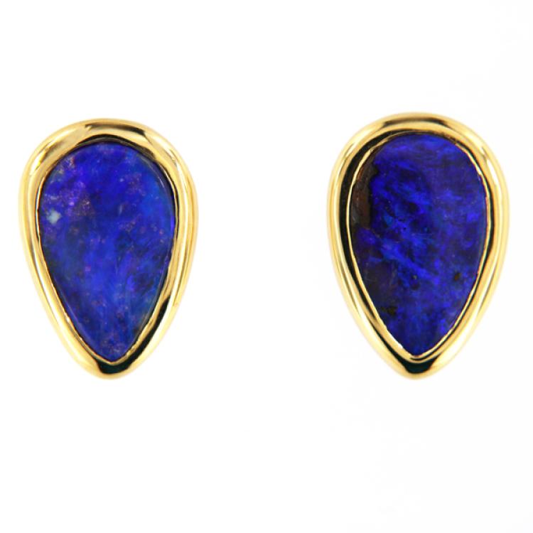 Boulderopal-Tropfen mit Blauem Schimmer in 750er-Gold-Ohrsteckern