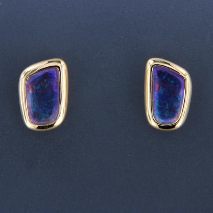 Gold Black Opal Stud Earrings