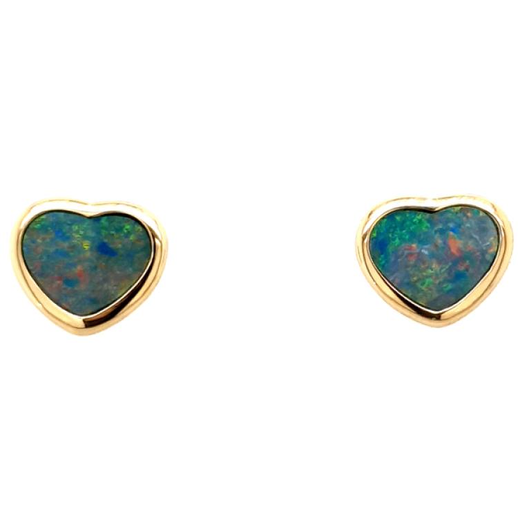 Colorful Heart-Shaped Opal Doublet Stud Earrings in 750 Yellow Gold