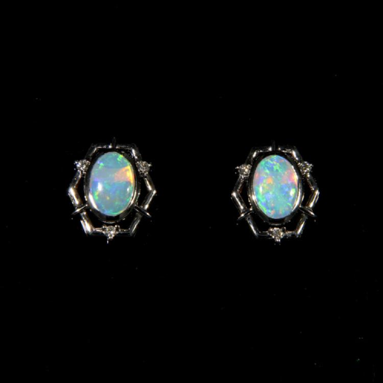 Light Opal Stud Earrings in 18k White Gold with Diamonds