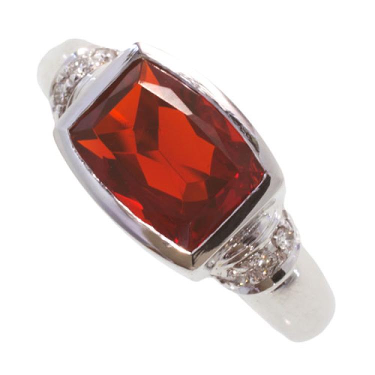 Red Mexican Fire Opal and Diamonds in 18k White Gold Ring