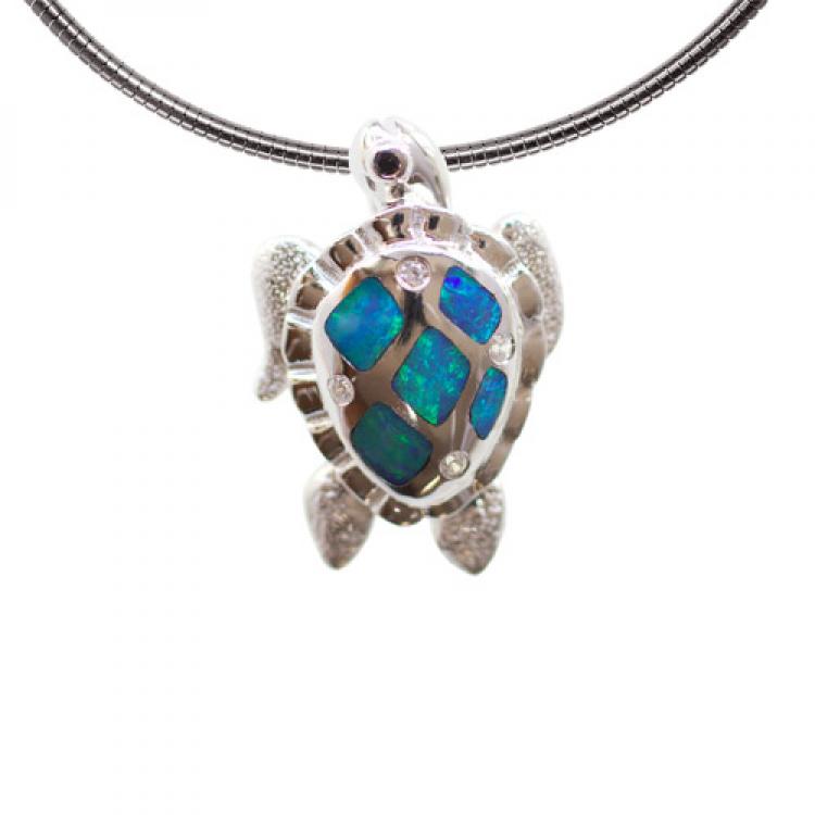 Small Silver Turtle Pendant with Zirconia and Opal Inlay