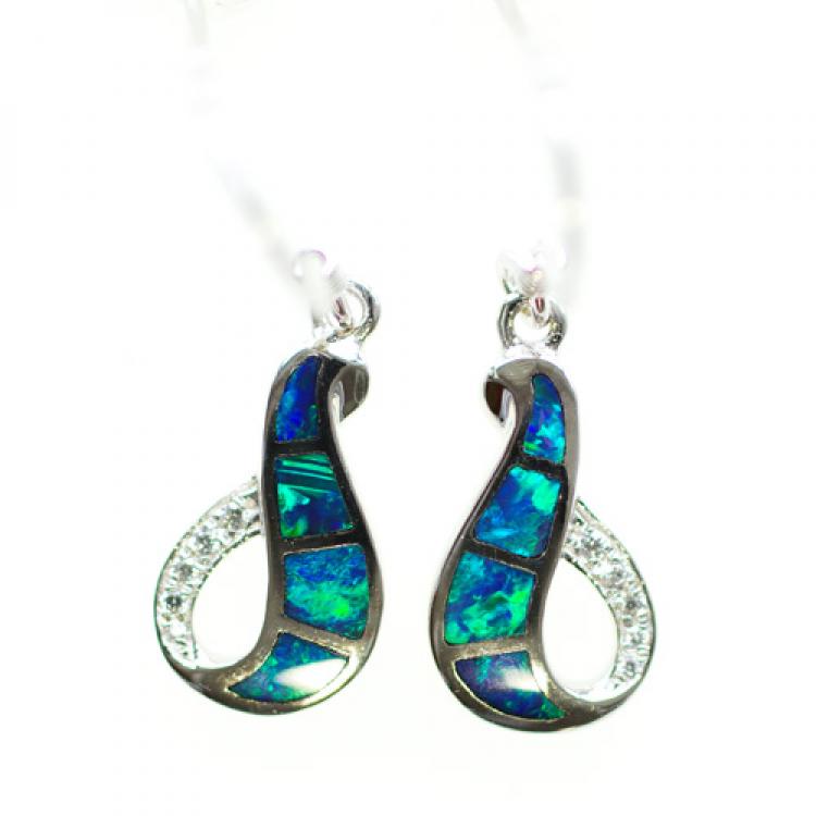 Silver Drop Earrings with Opal Inlay and Zirconia