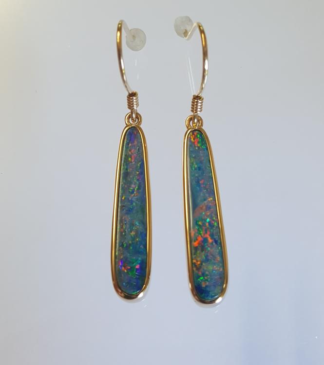 Opal Doublet Drop Earrings in 14k yellow gold