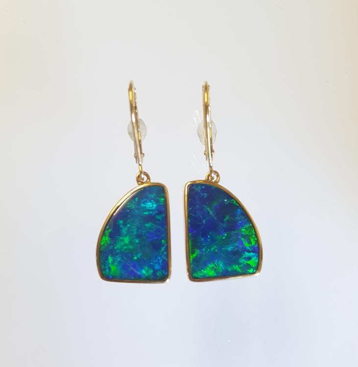 Opal Doublets and Diamonds in 14k Yellow Gold Drop Earrings