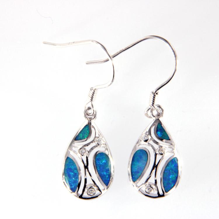 Silver Drop Earrings with Blue-Green Opal Inlay