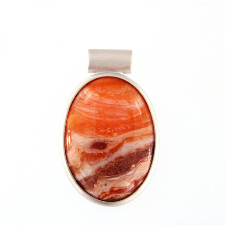 Oval Landscape Fire Opal in Matte Sterling Silver Pendant