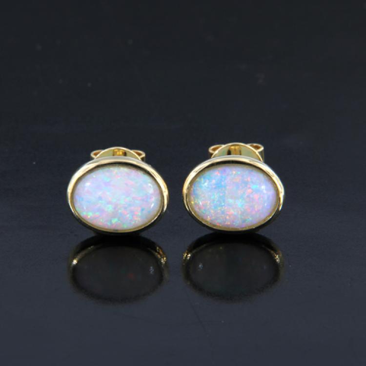 8x6mm Light Opal Stud Earrings in 18k Yellow Gold
