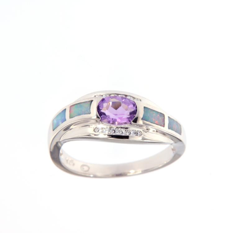 Wavy Silver Ring with Amethyst and Colorful Opal Inlay