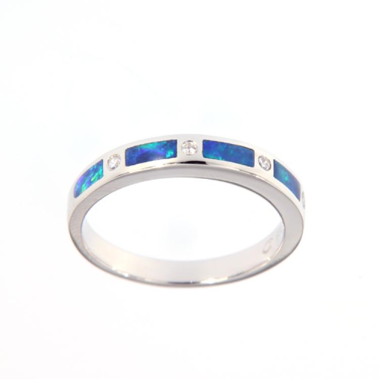 Stackable Silver Ring with Blue-Green Opal Inlay and Zirconia