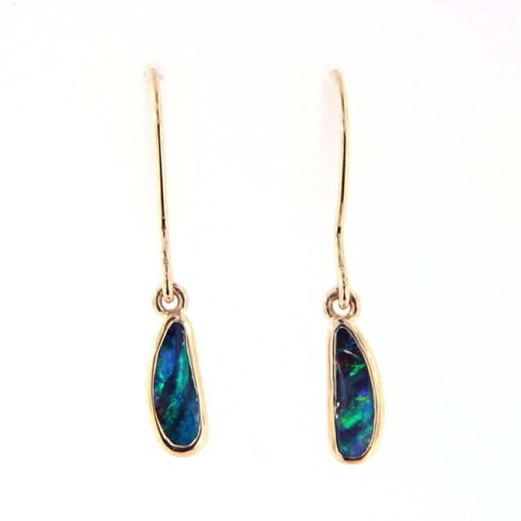 Delicate Blue-Green Boulder Opal Drop Earrings in 18k Yellow Gold