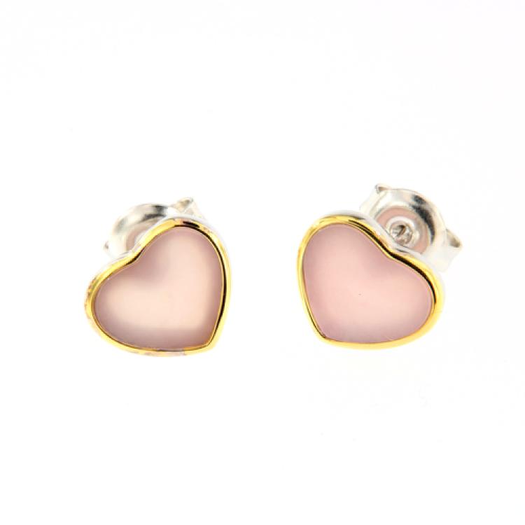 Silver Stud Earrings with Heart-Shaped Pink Opals