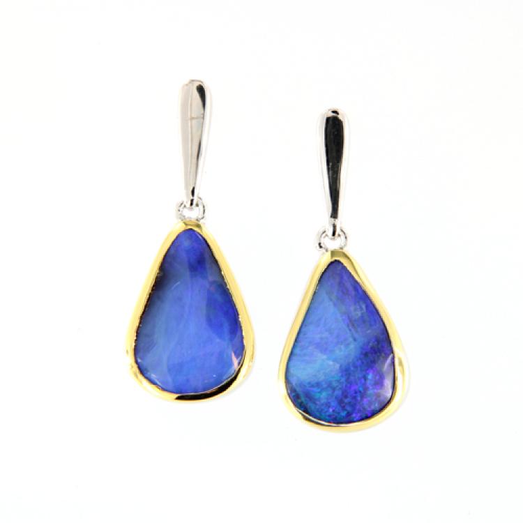 Pear-Shaped Blue Boulder Opals in Sterling Silver Drop Earrings