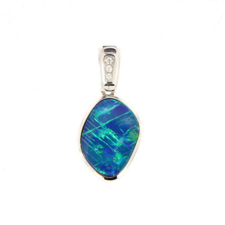 14k White Gold Pendant with Blue-Green Opal Doublet and Diamonds