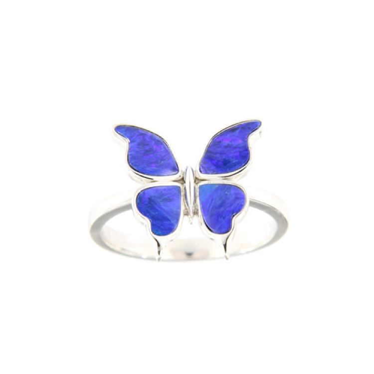 Silver Butterfly Ring with Dark Blue Opal Inlay