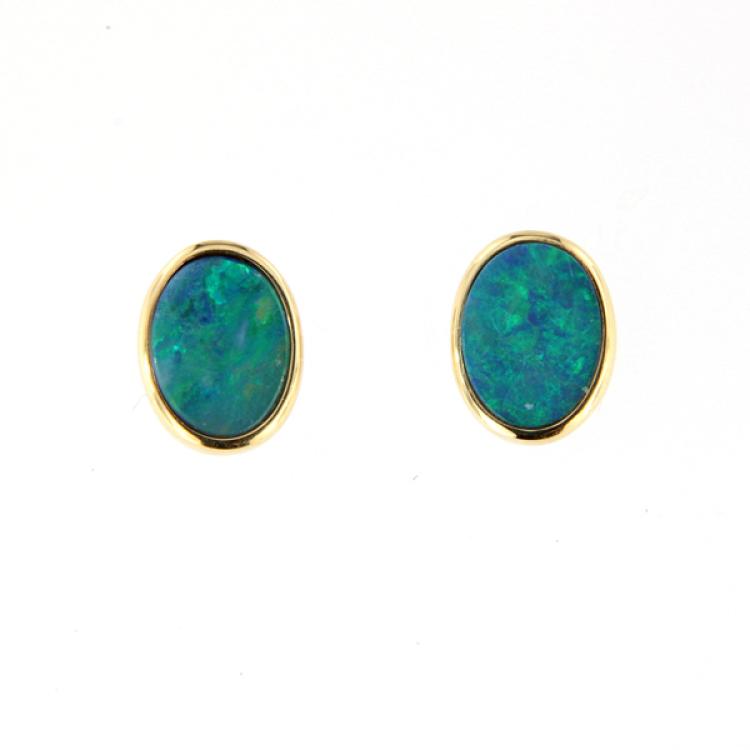 Blau-Grüne Opaldubletten in 8x6mm 750er Gelbgold Ohrstecker