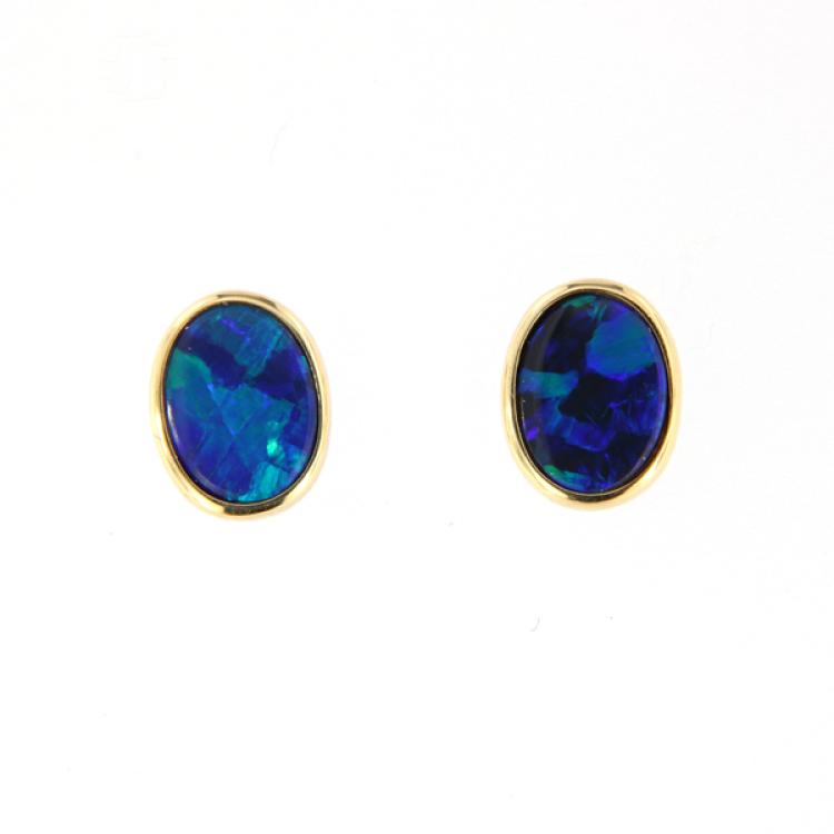 18k Yellow Gold Stud Earrings with Oval-Cut Blue-Green Opal Doublets