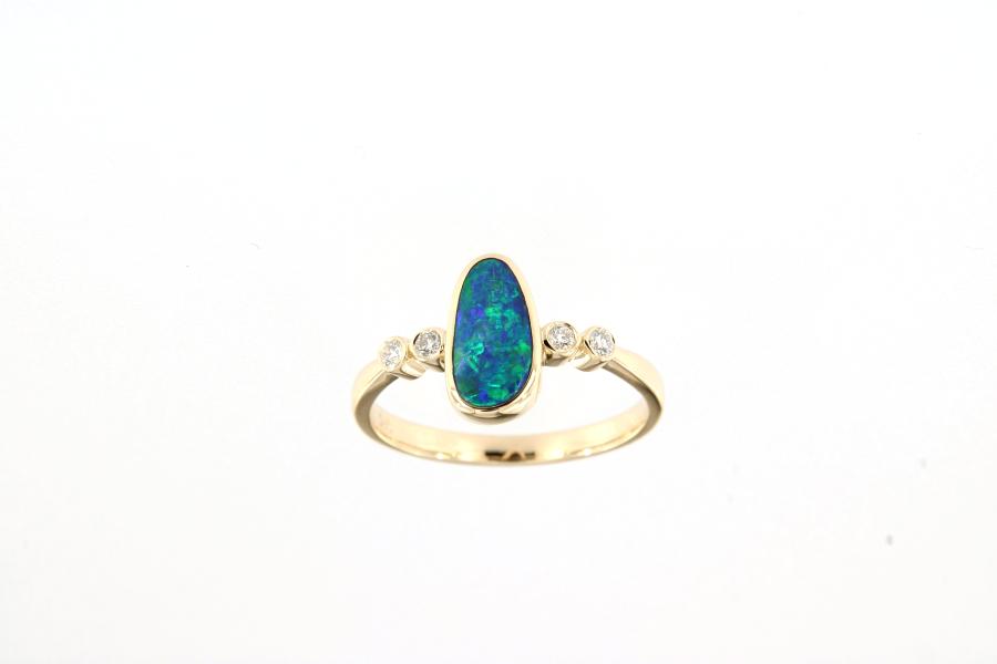 Delicate 14k Yellow Gold Ring with Blue-Green Opal Doublet and Diamonds