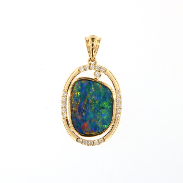 Colorful Opal Doublet and Diamond Pendant in 14k Yellow Gold