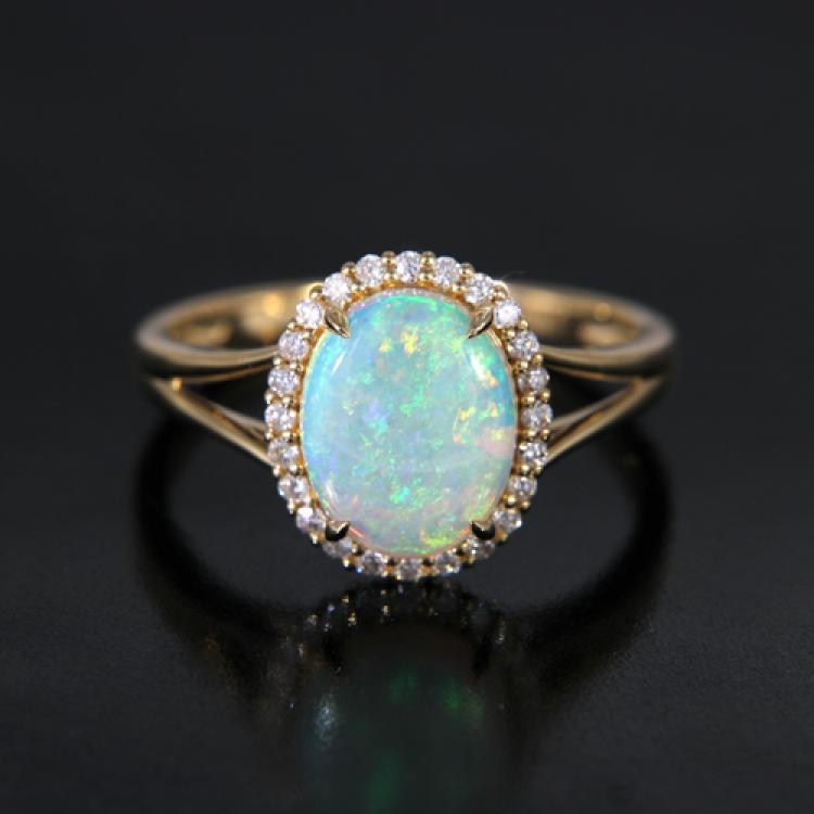 Gold Light Opal Ring with Diamonds