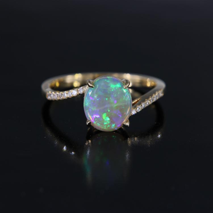 Gold Light Opal Ring with Diamonds