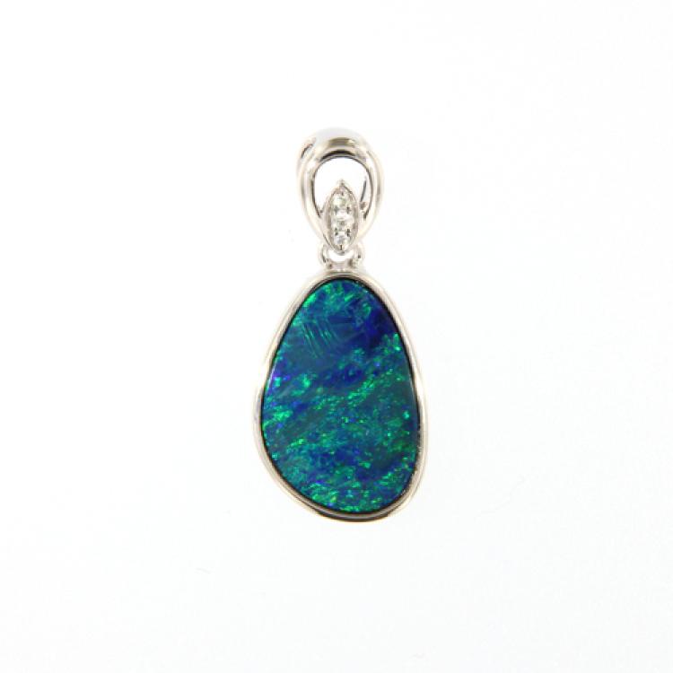 Blue-Green Opal Doublet Pendant in 14k White Gold with Diamonds