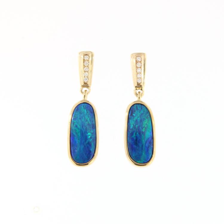 Opal Doublet Drop Earrings with Diamonds in 14kt Gold