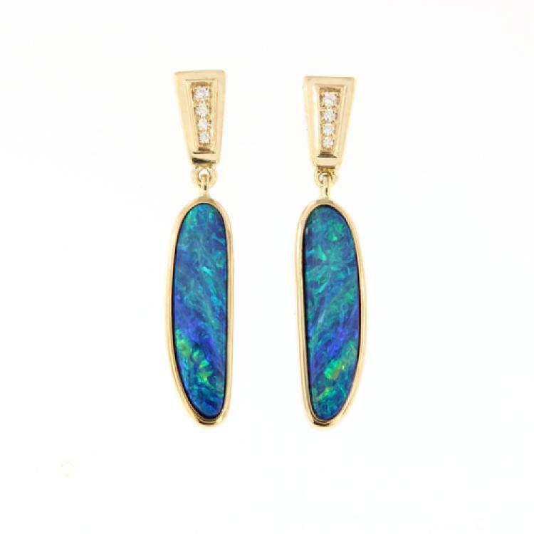 14k Yellow Gold Earrings with Opal Doublets and Diamonds