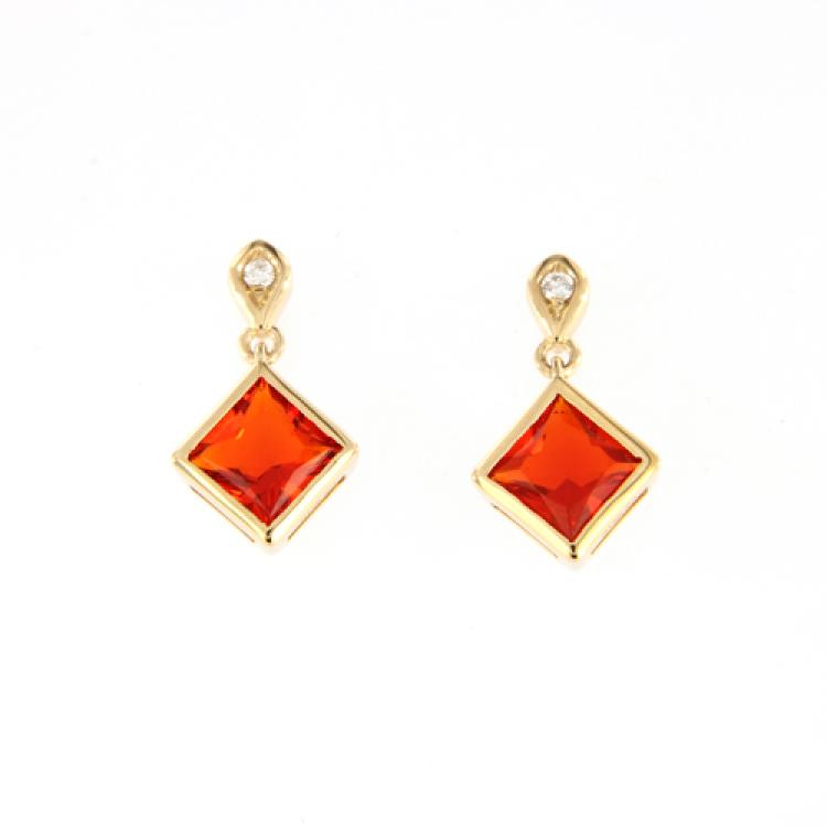 Mexican Fire Opal Drop Earrings with Diamonds