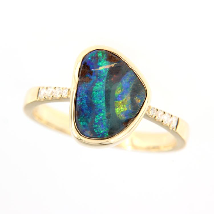 750er Gelbgold Ring mit Buntem Boulderopal und Brillianten