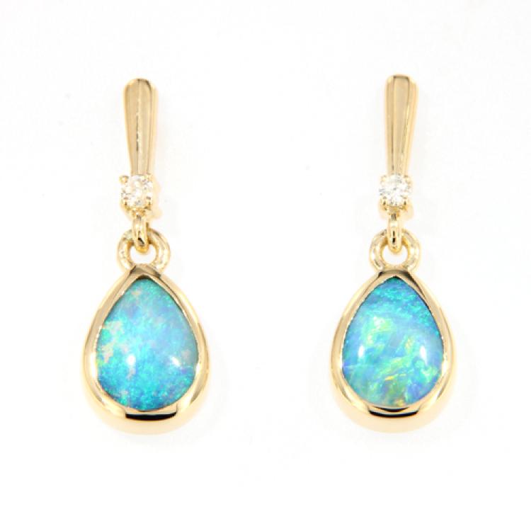 18k Yellow Gold Drop Earrings with Pear-Shaped Boulder Opals and Diamonds