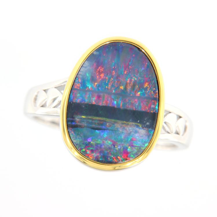 Bunter Opaldublette mit schwarzem Streifen in Sterling Silber-Ring