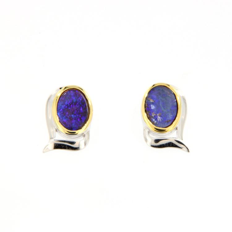 Sterling Silver Stud Earrings with Dark Blue Boulder Opals