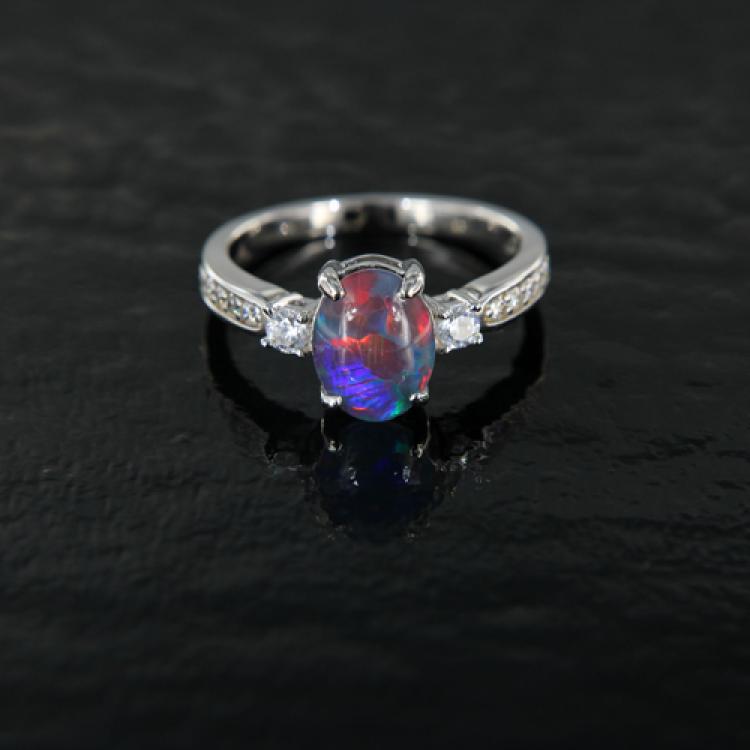 Multicolored Oval Opal Triplet in Sterling Silver Ring with Zirconias
