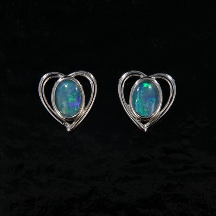Sterling Silver Heart Stud Earrings with Blue-Green Opal Triplets