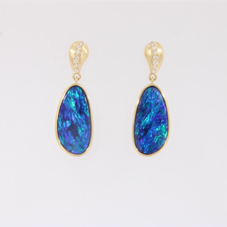 Opal Doublet and Diamond Drop Earrings in 14kt Gold