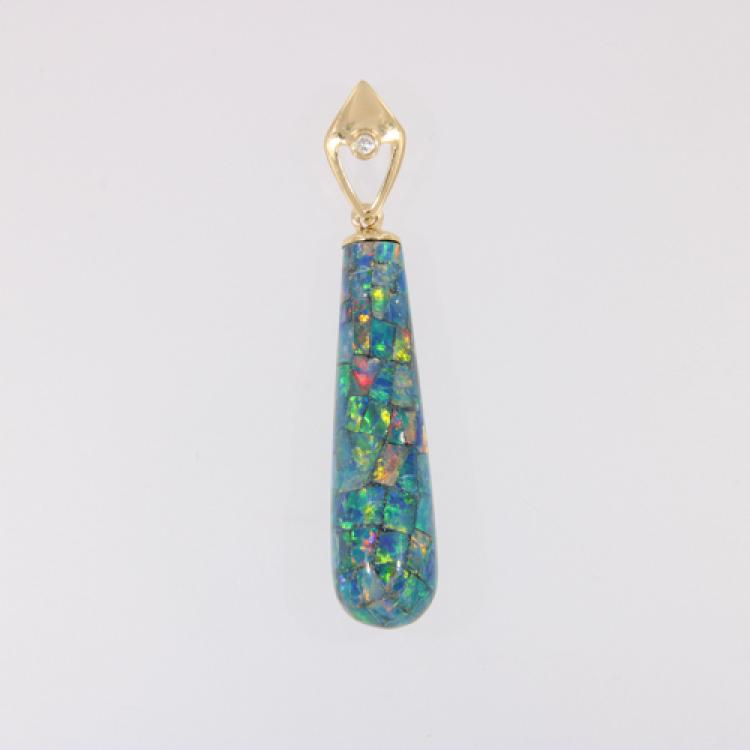 Colorful Opal Doublet and Diamond Pendant in 14k Yellow Gold