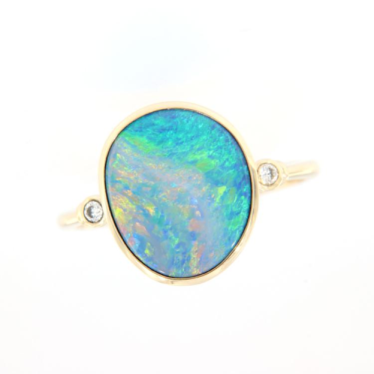 14k Yellow Gold Ring with Colorful Opal Doublet and Diamonds