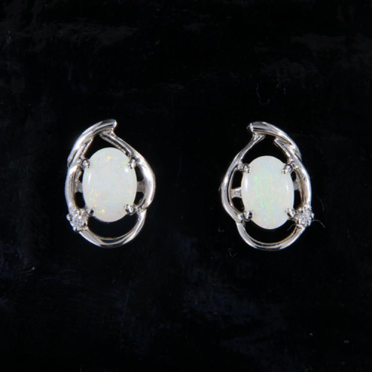 Sterling Silver Stud Earrings with Oval Light Opals and Zirconia
