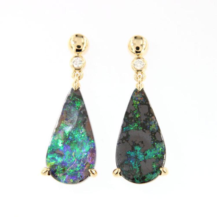 Gelbgold Ohrhänger mit Tropfenförmiger-Boulderopalen und Brillianten