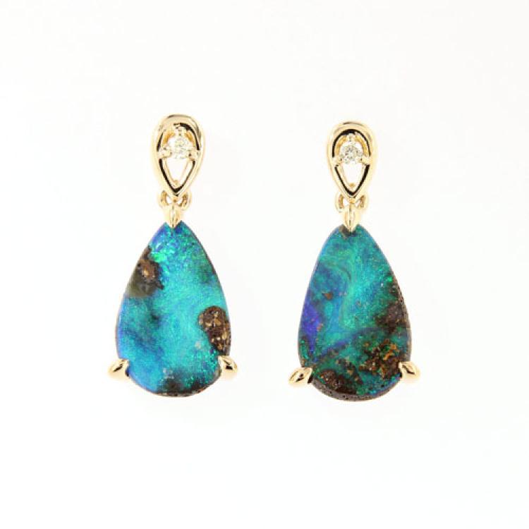 Pear-Shaped Boulder Opal Drop Earrings with Diamonds