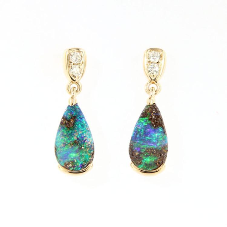 Gelbgold Ohrhänger mit Tropfenförmiger-Boulderopal und Brillianten