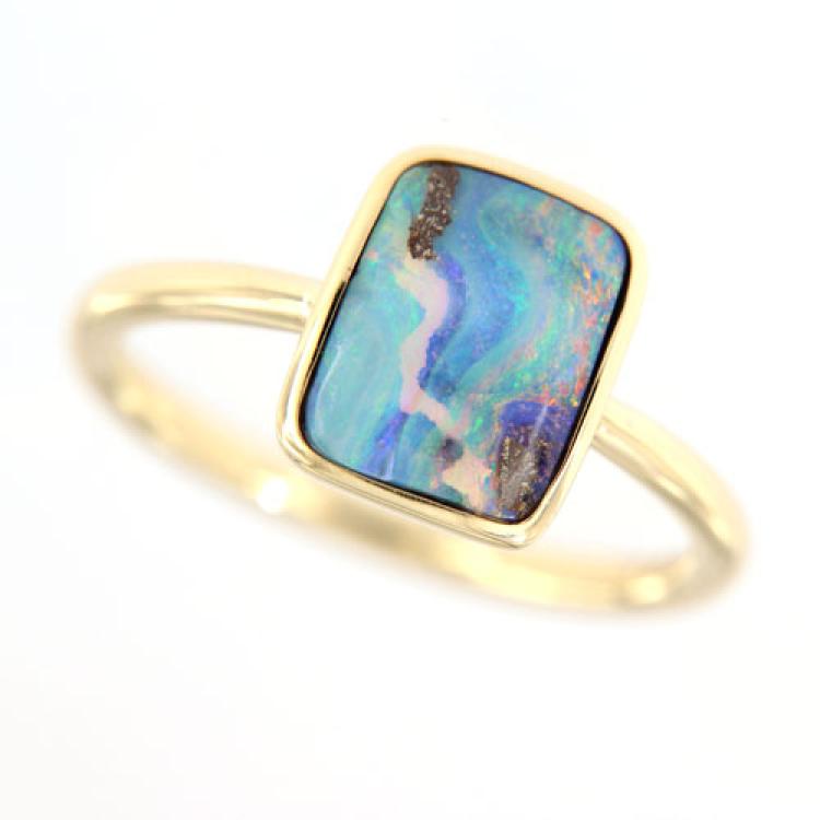 Colorful Boulder Opal in Simple 18k Yellow Gold Ring