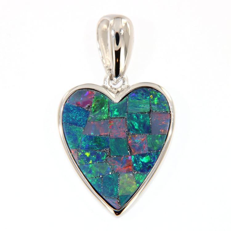 Silber Herzen-Anhänger mit buntem Mosaik-Opal